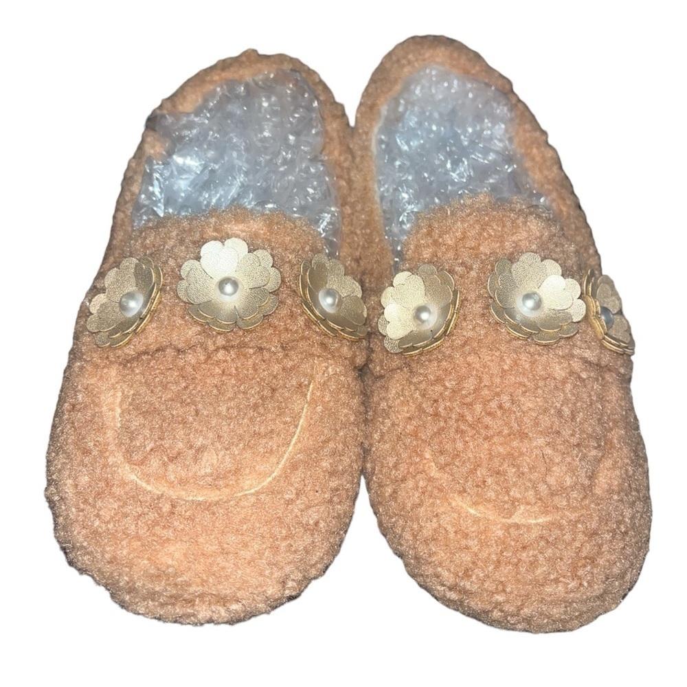 Girls plush, slip on tan flats